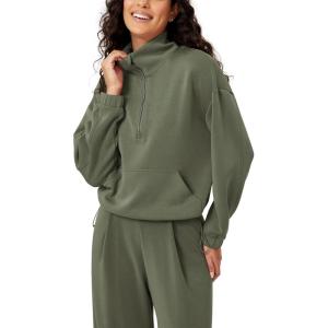 imageODODOS Womens Modal Soft Cinchable Sweatshirts Half Zipper Funnel Neck Oversize Pullover with PocketsDark Sage