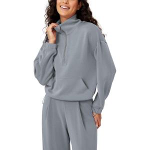 imageODODOS Womens Modal Soft Cinchable Sweatshirts Half Zipper Funnel Neck Oversize Pullover with PocketsGrey Blue