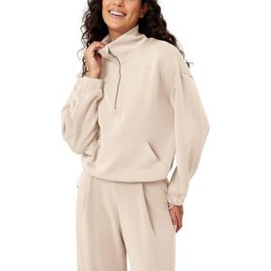imageODODOS Womens Modal Soft Cinchable Sweatshirts Half Zipper Funnel Neck Oversize Pullover with PocketsIvory