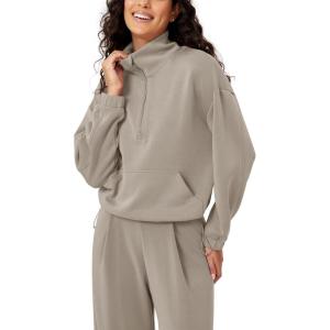 imageODODOS Womens Modal Soft Cinchable Sweatshirts Half Zipper Funnel Neck Oversize Pullover with PocketsKhaki