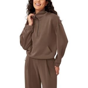 imageODODOS Womens Modal Soft Cinchable Sweatshirts Half Zipper Funnel Neck Oversize Pullover with PocketsNutria
