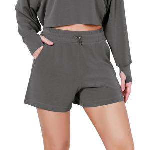 imageODODOS Modal Soft Relaxed Shorts for Women Adjustable Shockcord High Waist Casual Shorts with PocketsCharcoal