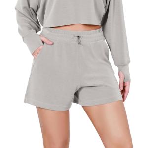imageODODOS Modal Soft Relaxed Shorts for Women Adjustable Shockcord High Waist Casual Shorts with PocketsLight Gray