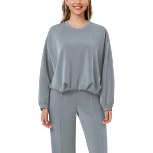 imageODODOS Womens Modal Soft Bubble Hem Pullover Long Sleeve Oversized Top Crew Neck Casual SweatshirtsGrey Blue
