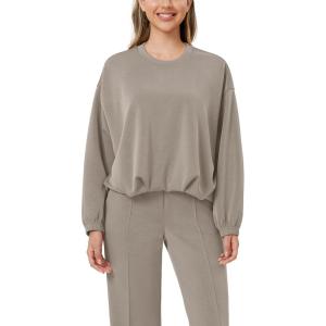 imageODODOS Womens Modal Soft Bubble Hem Pullover Long Sleeve Oversized Top Crew Neck Casual SweatshirtsKhaki