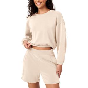 imageODODOS Womens Modal Soft Gathered Cropped Sweatshirts Long Sleeve Elastic Hem Crew Neck Pullover TopsBeige