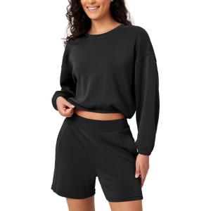 imageODODOS Womens Modal Soft Gathered Cropped Sweatshirts Long Sleeve Elastic Hem Crew Neck Pullover TopsBlack