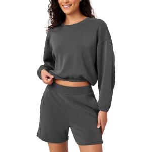 imageODODOS Womens Modal Soft Gathered Cropped Sweatshirts Long Sleeve Elastic Hem Crew Neck Pullover TopsCharcoal