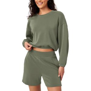 imageODODOS Womens Modal Soft Gathered Cropped Sweatshirts Long Sleeve Elastic Hem Crew Neck Pullover TopsDark Sage