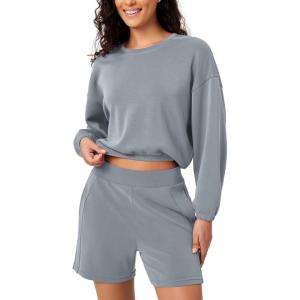 imageODODOS Womens Modal Soft Gathered Cropped Sweatshirts Long Sleeve Elastic Hem Crew Neck Pullover TopsGrey Blue