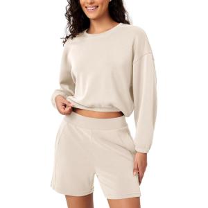 imageODODOS Womens Modal Soft Gathered Cropped Sweatshirts Long Sleeve Elastic Hem Crew Neck Pullover TopsIvory