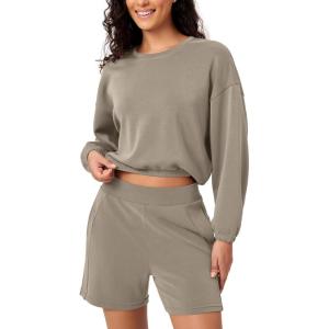 imageODODOS Womens Modal Soft Gathered Cropped Sweatshirts Long Sleeve Elastic Hem Crew Neck Pullover TopsKhaki