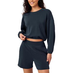 imageODODOS Womens Modal Soft Gathered Cropped Sweatshirts Long Sleeve Elastic Hem Crew Neck Pullover TopsNavy