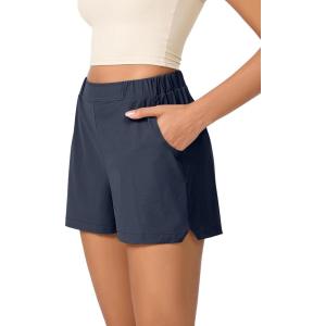 imageODODOS Stretch Woven Relaxed Shorts for Women Elastic High Waist Summer Lightweight Casual Shorts with PocketsNavy