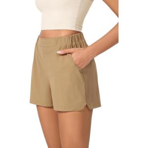 imageODODOS Stretch Woven Relaxed Shorts for Women Elastic High Waist Summer Lightweight Casual Shorts with PocketsTan