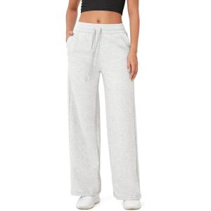 imageODODOS Womens Fleece Lined Wide Leg Jogger Pants with Pockets MidRise Relaxed PullOn SweatpantsHeather White
