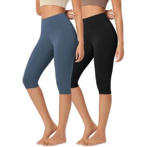 imageODODOS ODLEX 2Pack High Waist Knee Length Workout Capris for Women 14quot19quot Tummy Control Athletic Running Capri LeggingsBlackink Blue