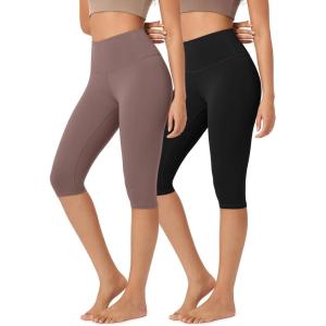 imageODODOS ODLEX 2Pack High Waist Knee Length Workout Capris for Women 14quot19quot Tummy Control Athletic Running Capri LeggingsBlackpurple Taupe