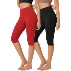 imageODODOS ODLEX 2Pack High Waist Knee Length Workout Capris for Women 14quot19quot Tummy Control Athletic Running Capri LeggingsBlackred