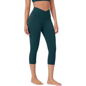 imageODODOS Womens Cross Waist Yoga Capris with Inner Pocket 19quot Inseam Gathered Crossover Workout Cropped Yoga PantsForest Teal