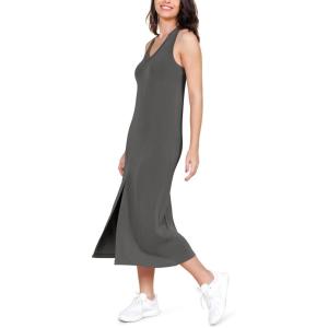 imageODODOS Modal Soft Front Split Midi Dress for Women V Neck Sleeveless Casual Summer Tank DressCharcoal