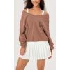 imageODODOS Womens Purevibe Cotton Double V Sweatshirts Long Sleeve Fall Outfits Oversized Pullover TopsLight Brown