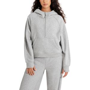 imageODODOS HalfZip Hoodies for Women Fleece Lined Cropped Sweatshirts Pullover Long Sleeve Sweater Thumb HoleHeather Grey