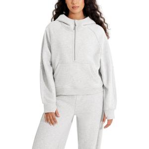 imageODODOS HalfZip Hoodies for Women Fleece Lined Cropped Sweatshirts Pullover Long Sleeve Sweater Thumb HoleHeather White