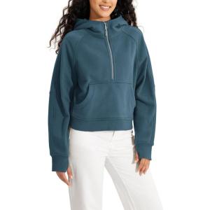 imageODODOS HalfZip Hoodies for Women Fleece Lined Cropped Sweatshirts Pullover Long Sleeve Sweater Thumb HoleInk Blue