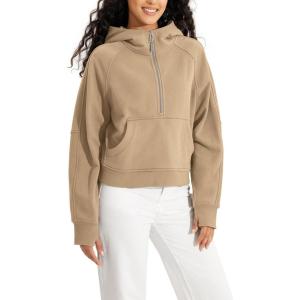 imageODODOS HalfZip Hoodies for Women Fleece Lined Cropped Sweatshirts Pullover Long Sleeve Sweater Thumb HoleKhaki
