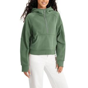 imageODODOS HalfZip Hoodies for Women Fleece Lined Cropped Sweatshirts Pullover Long Sleeve Sweater Thumb HoleMedium Olive
