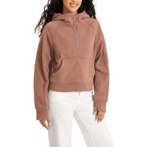 imageODODOS HalfZip Hoodies for Women Fleece Lined Cropped Sweatshirts Pullover Long Sleeve Sweater Thumb HoleMuted Clayhalf Zip
