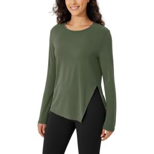 imageODODOS Split Hem Long Sleeve Tee for Women Modal Soft Crew Neck Athletic Gym Workout Tops Yoga ShirtsArmy Green