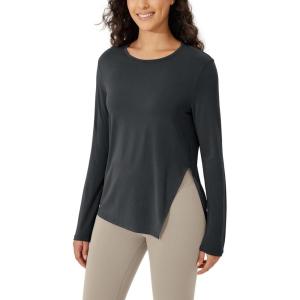 imageODODOS Split Hem Long Sleeve Tee for Women Modal Soft Crew Neck Athletic Gym Workout Tops Yoga ShirtsBlack