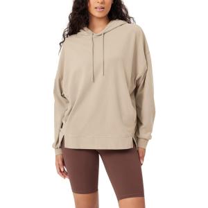 imageODODOS Womens Purevibe Cotton Oversized Hoodies Side Slit Sweatshirts Long Sleeve Pullover Top with PocketPlaza Taupe