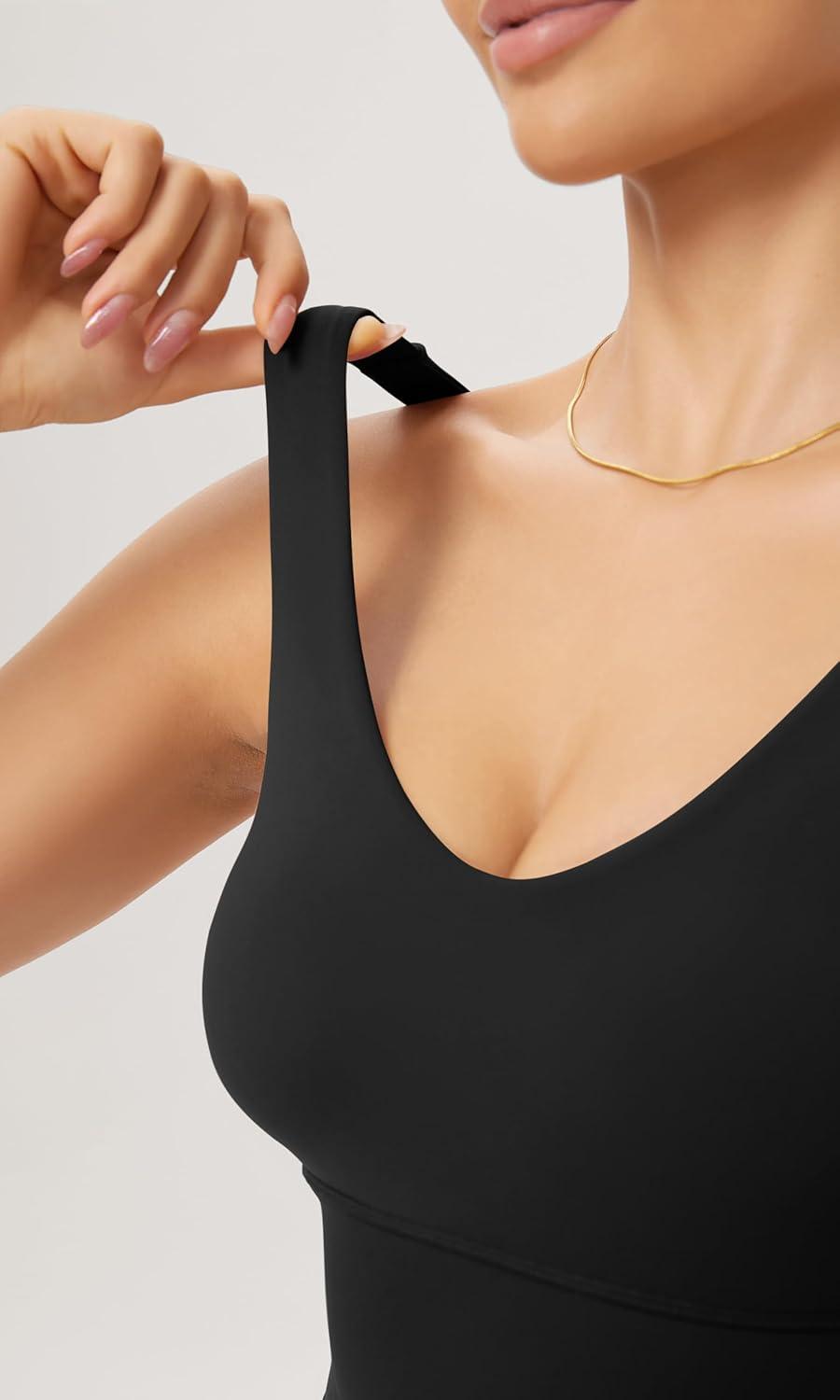 imageODODOS Cloud Feeling V Neck Padded Sports Bra for Women U Back Wirefree Yoga Bra Crop TopBlack