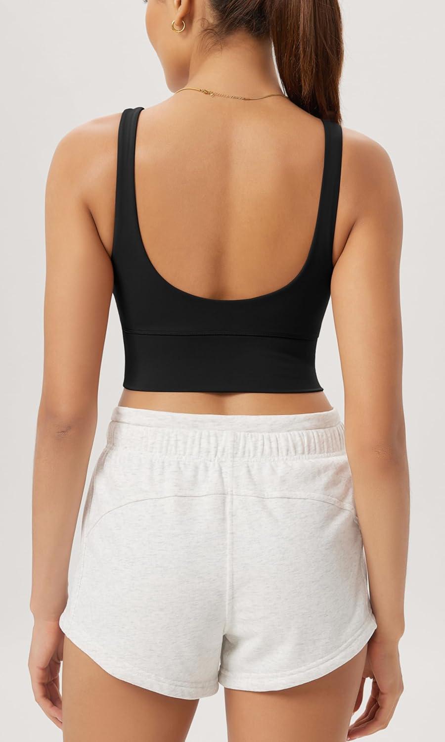 imageODODOS Cloud Feeling V Neck Padded Sports Bra for Women U Back Wirefree Yoga Bra Crop TopBlack