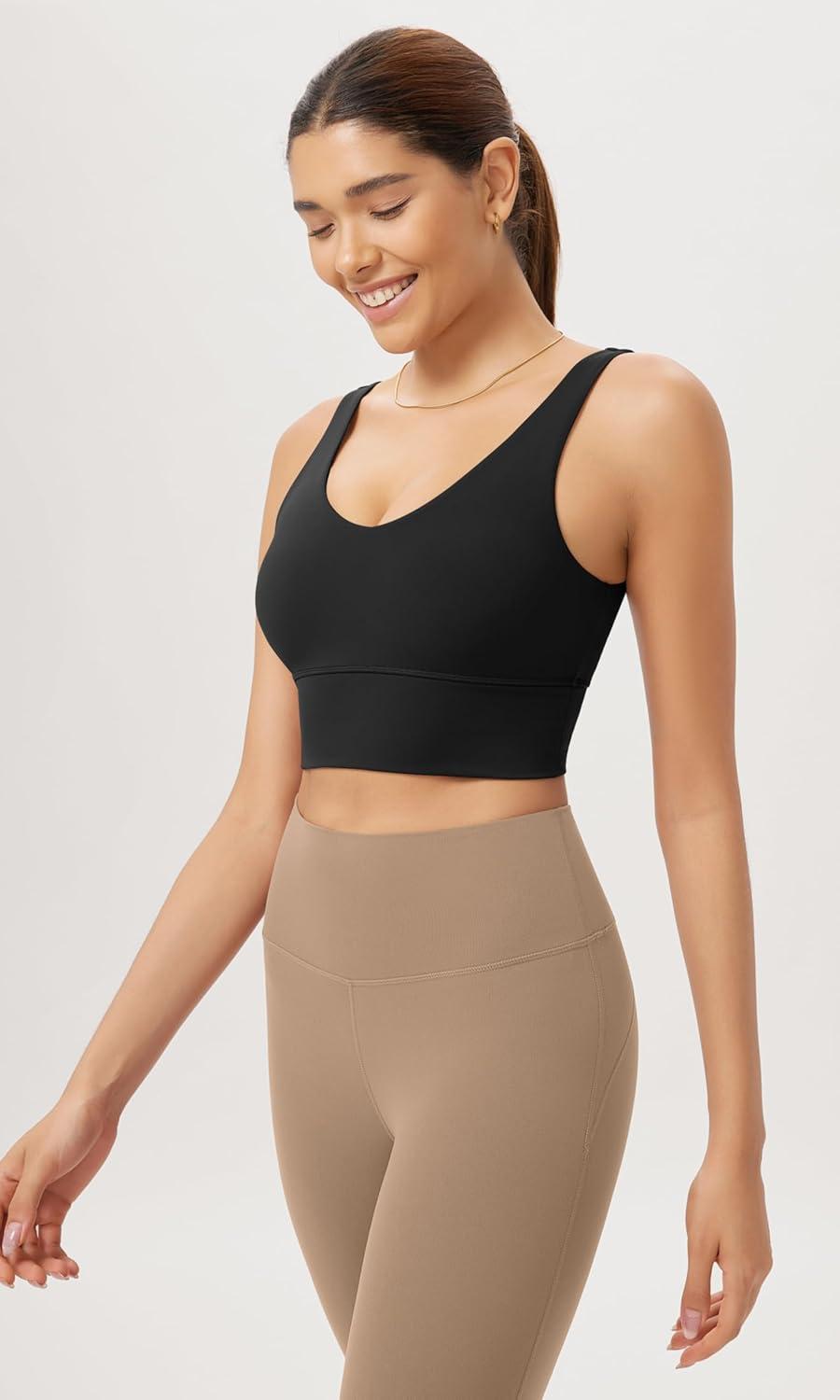 imageODODOS Cloud Feeling V Neck Padded Sports Bra for Women U Back Wirefree Yoga Bra Crop TopBlack