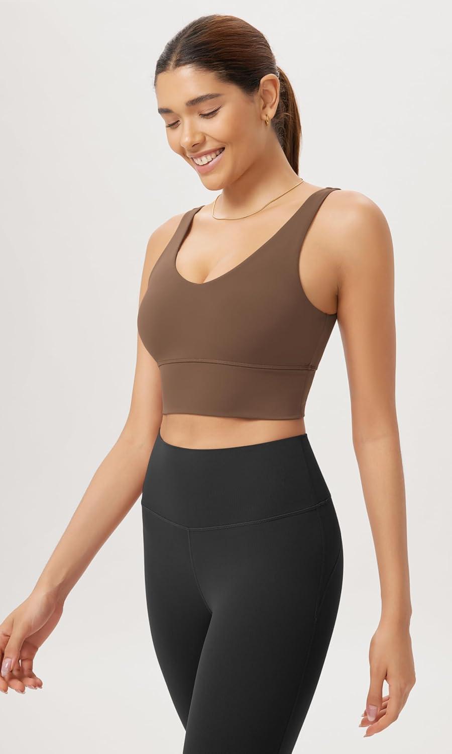 imageODODOS Cloud Feeling V Neck Padded Sports Bra for Women U Back Wirefree Yoga Bra Crop TopBrunette