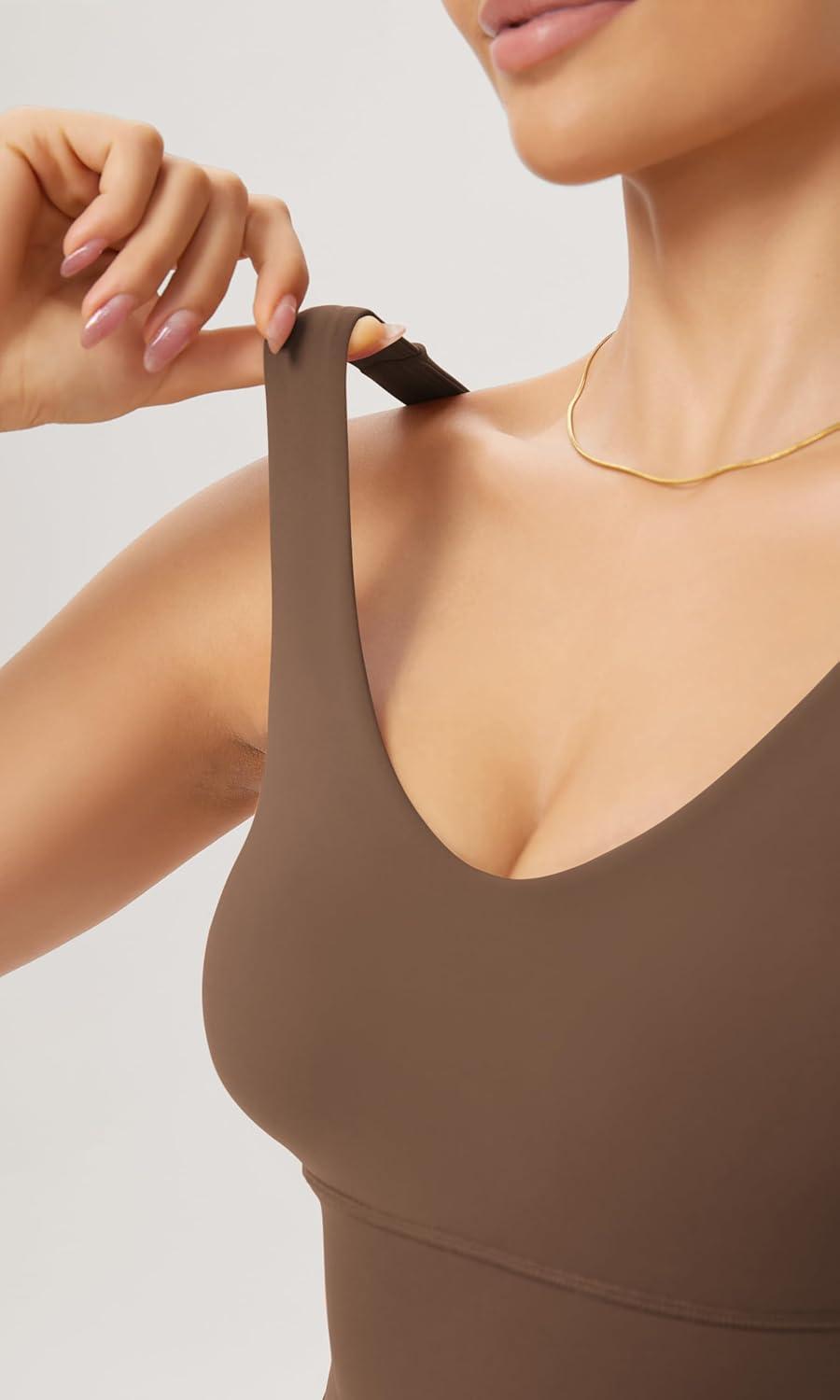 imageODODOS Cloud Feeling V Neck Padded Sports Bra for Women U Back Wirefree Yoga Bra Crop TopBrunette
