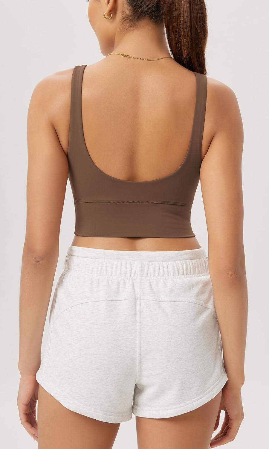 imageODODOS Cloud Feeling V Neck Padded Sports Bra for Women U Back Wirefree Yoga Bra Crop TopBrunette