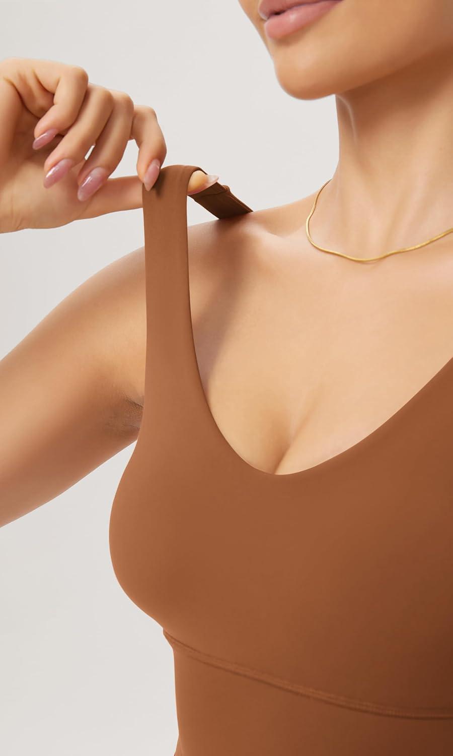 imageODODOS Cloud Feeling V Neck Padded Sports Bra for Women U Back Wirefree Yoga Bra Crop TopCaramel