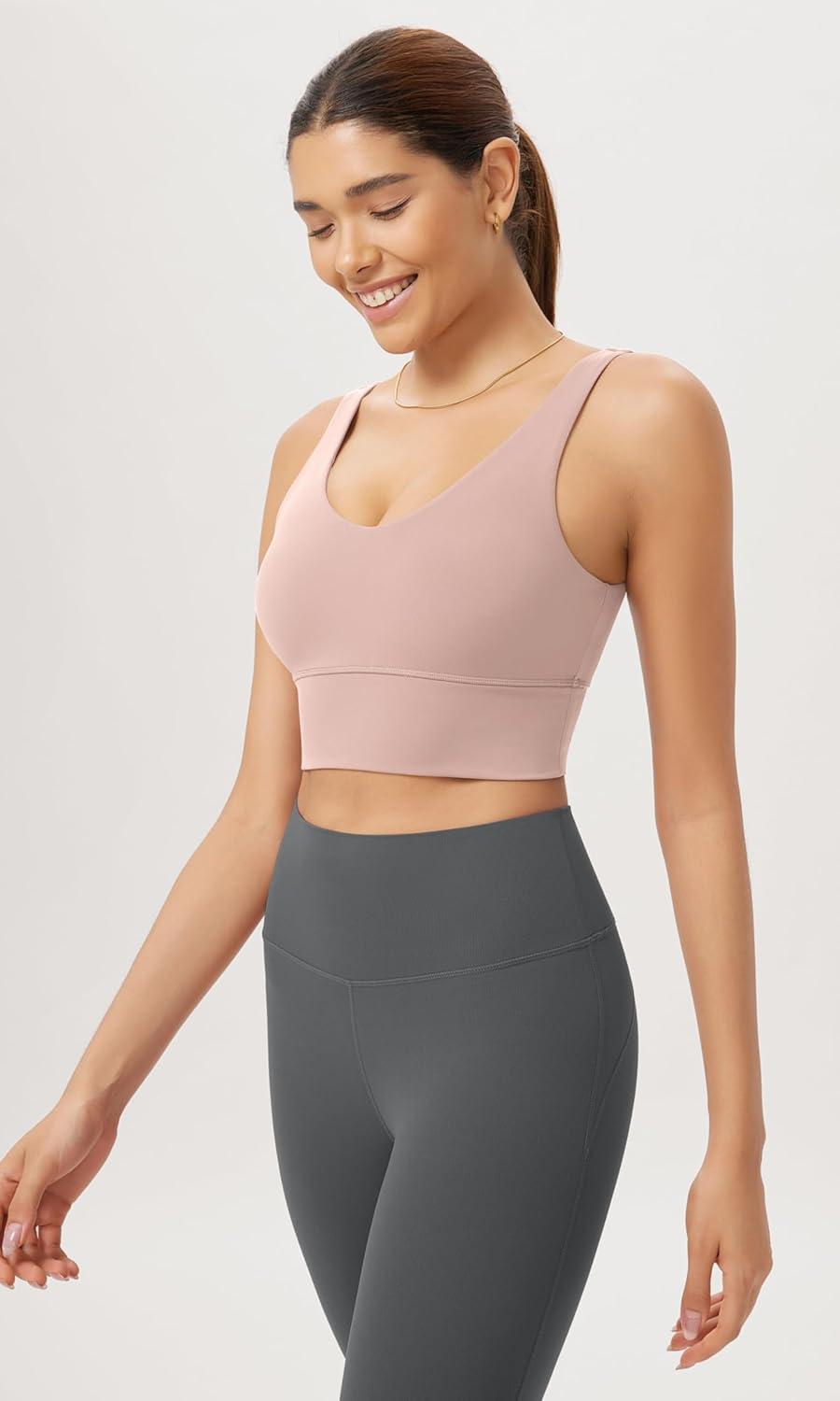 imageODODOS Cloud Feeling V Neck Padded Sports Bra for Women U Back Wirefree Yoga Bra Crop TopDusty Pink