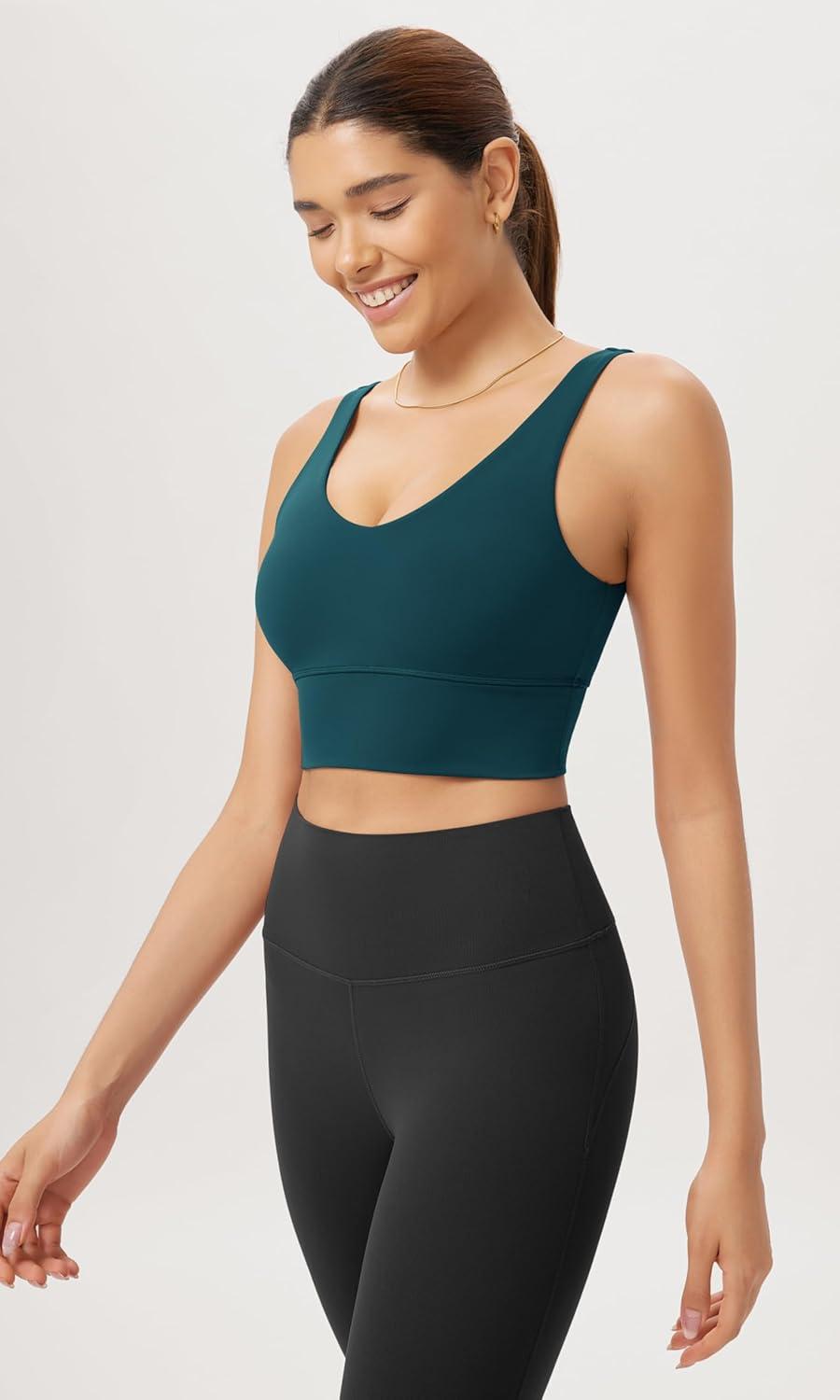 imageODODOS Cloud Feeling V Neck Padded Sports Bra for Women U Back Wirefree Yoga Bra Crop TopForest Teal