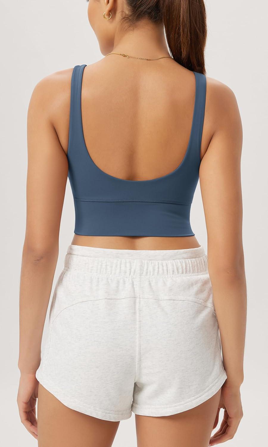 imageODODOS Cloud Feeling V Neck Padded Sports Bra for Women U Back Wirefree Yoga Bra Crop TopInk Blue