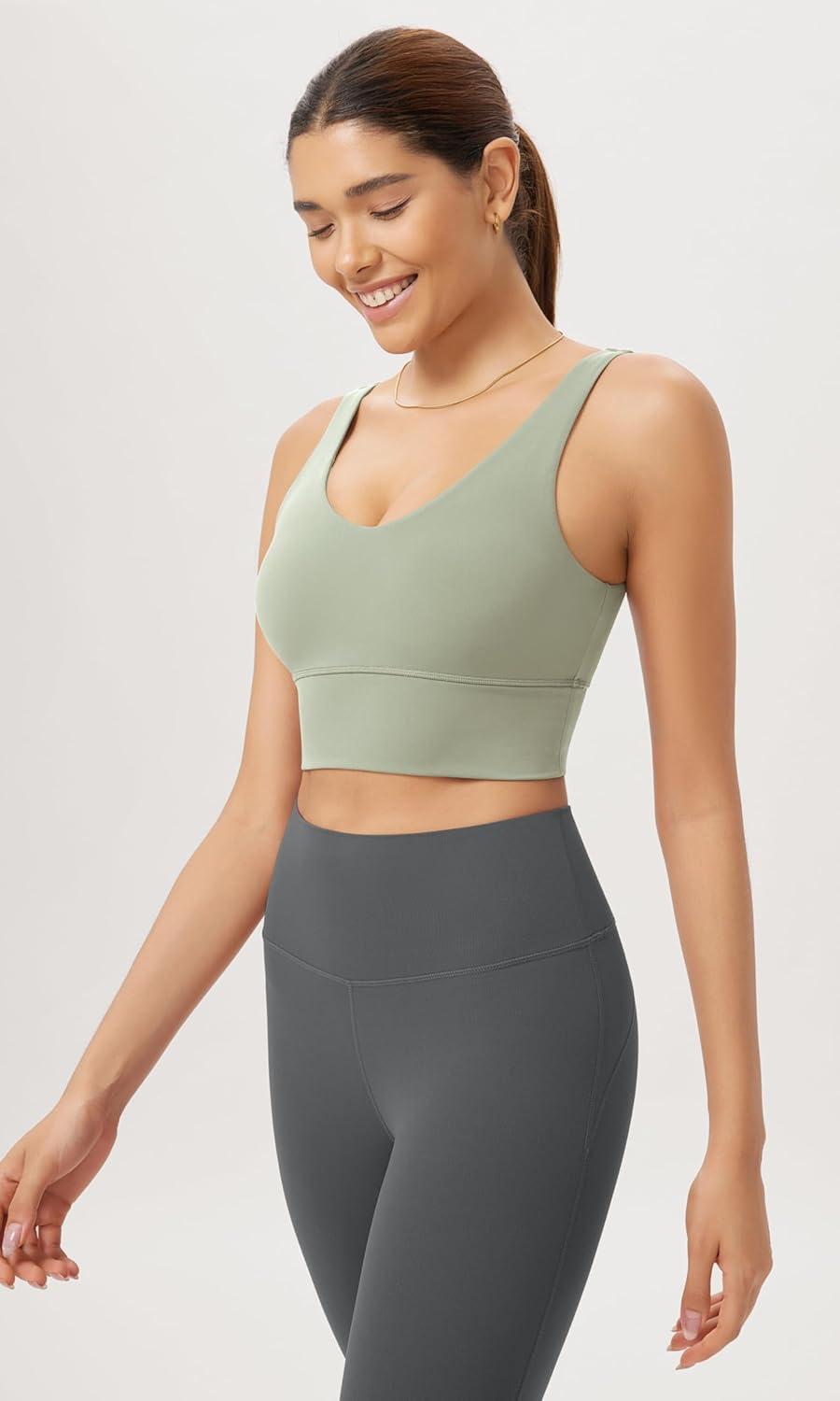 imageODODOS Cloud Feeling V Neck Padded Sports Bra for Women U Back Wirefree Yoga Bra Crop TopLime Stone