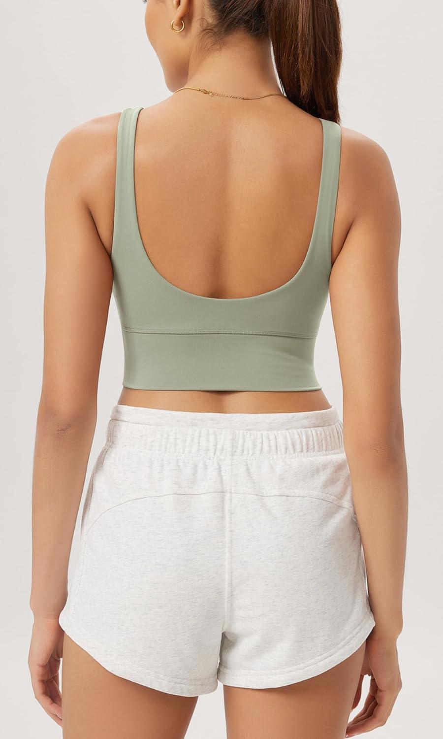 imageODODOS Cloud Feeling V Neck Padded Sports Bra for Women U Back Wirefree Yoga Bra Crop TopLime Stone