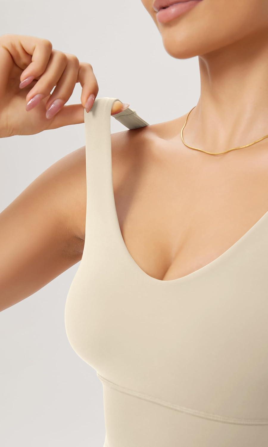 imageODODOS Cloud Feeling V Neck Padded Sports Bra for Women U Back Wirefree Yoga Bra Crop TopOat Milk
