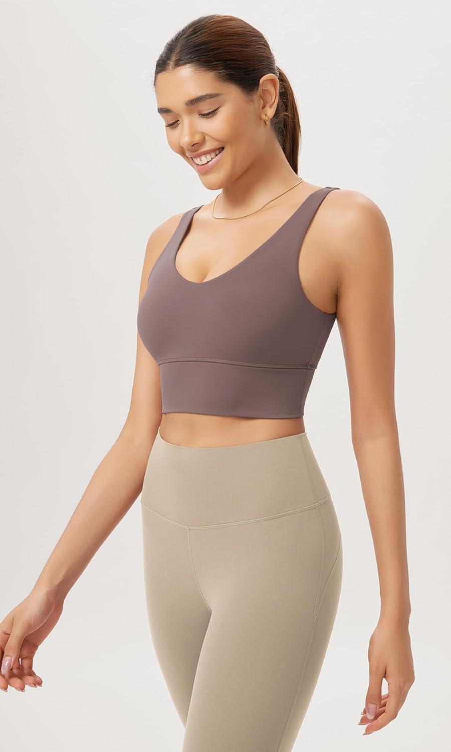 imageODODOS Cloud Feeling V Neck Padded Sports Bra for Women U Back Wirefree Yoga Bra Crop TopPurple Taupe