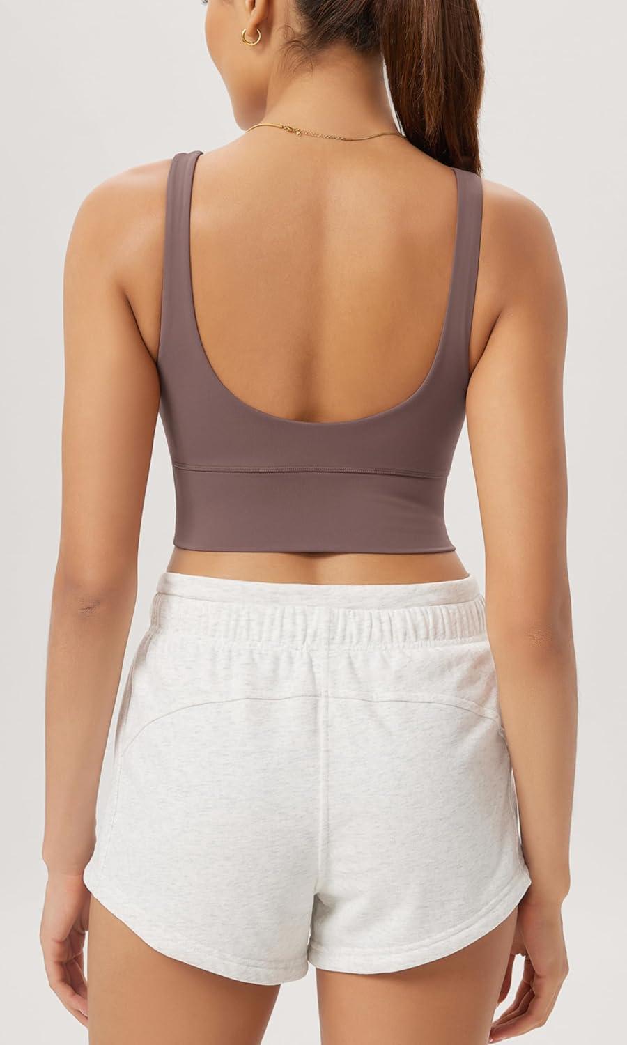 imageODODOS Cloud Feeling V Neck Padded Sports Bra for Women U Back Wirefree Yoga Bra Crop TopPurple Taupe